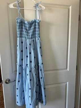 Light Blue Smocked with Navy Floral Embroidery